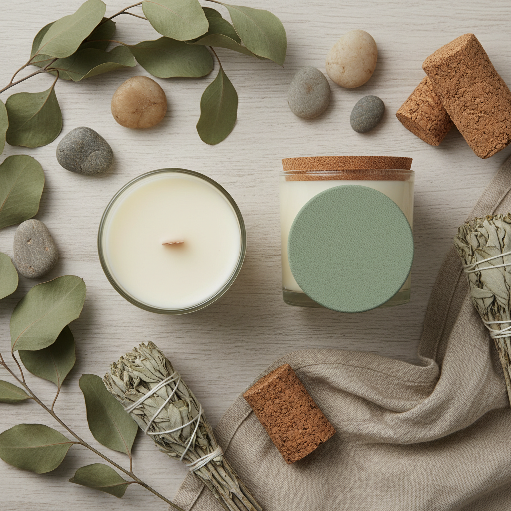 Flat lay of sage green candles with eucalyptus and cork on wood