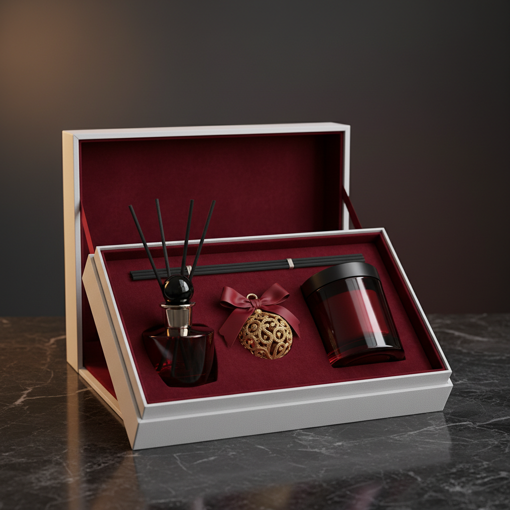 Open luxury aromatherapy gift box on dark marble - hero shot