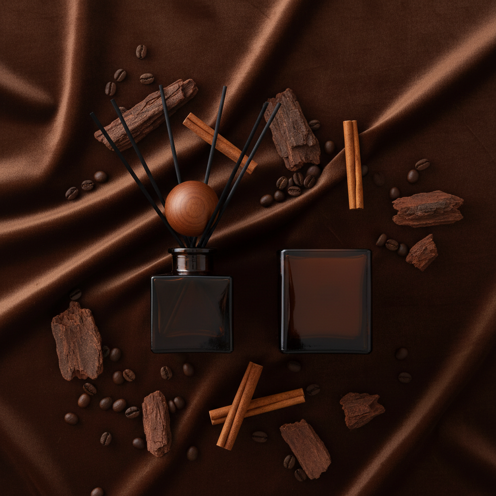 Flat lay of woody fragrance set on dark velvet with coffee beans