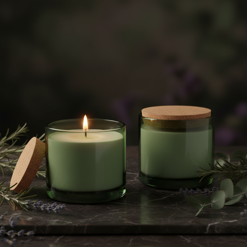 Two sage green cork lid soy candles on dark marble hero shot