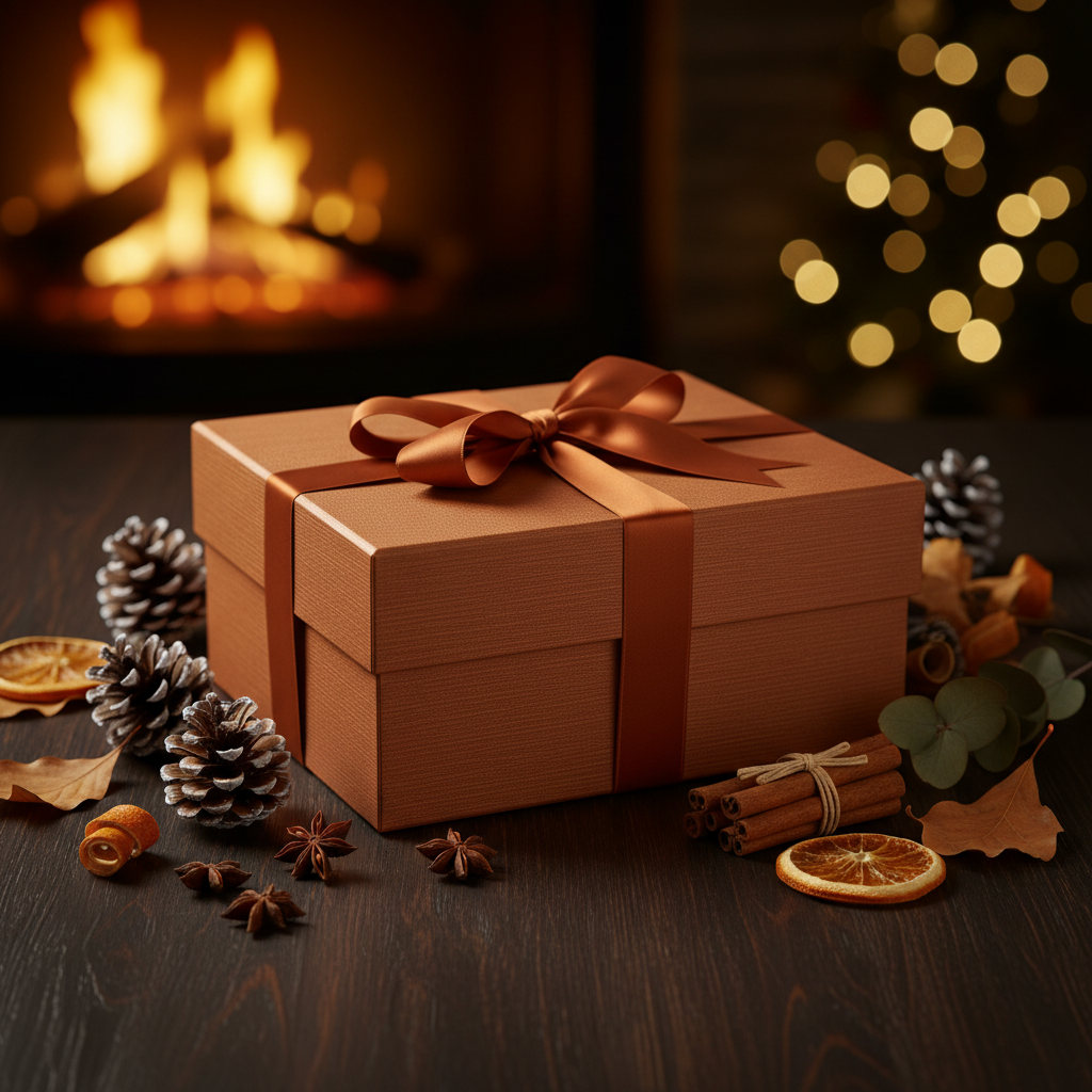 Luxury gift box wrapped with ribbon and pine cones