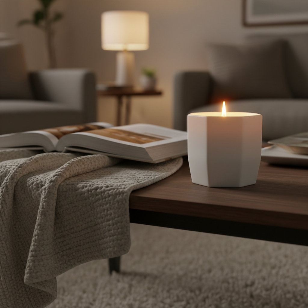 White octagonal candle on living room coffee table