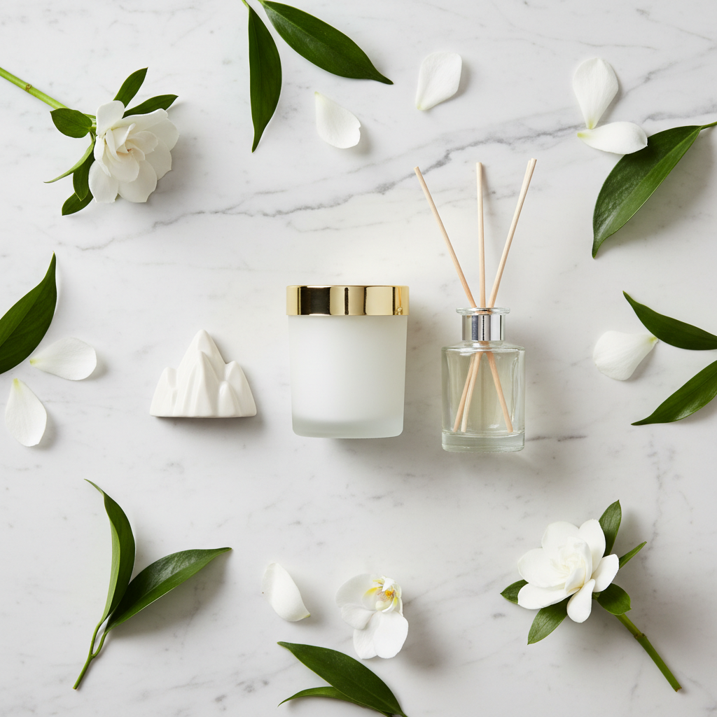 Top down flat lay of white marble aromatherapy set