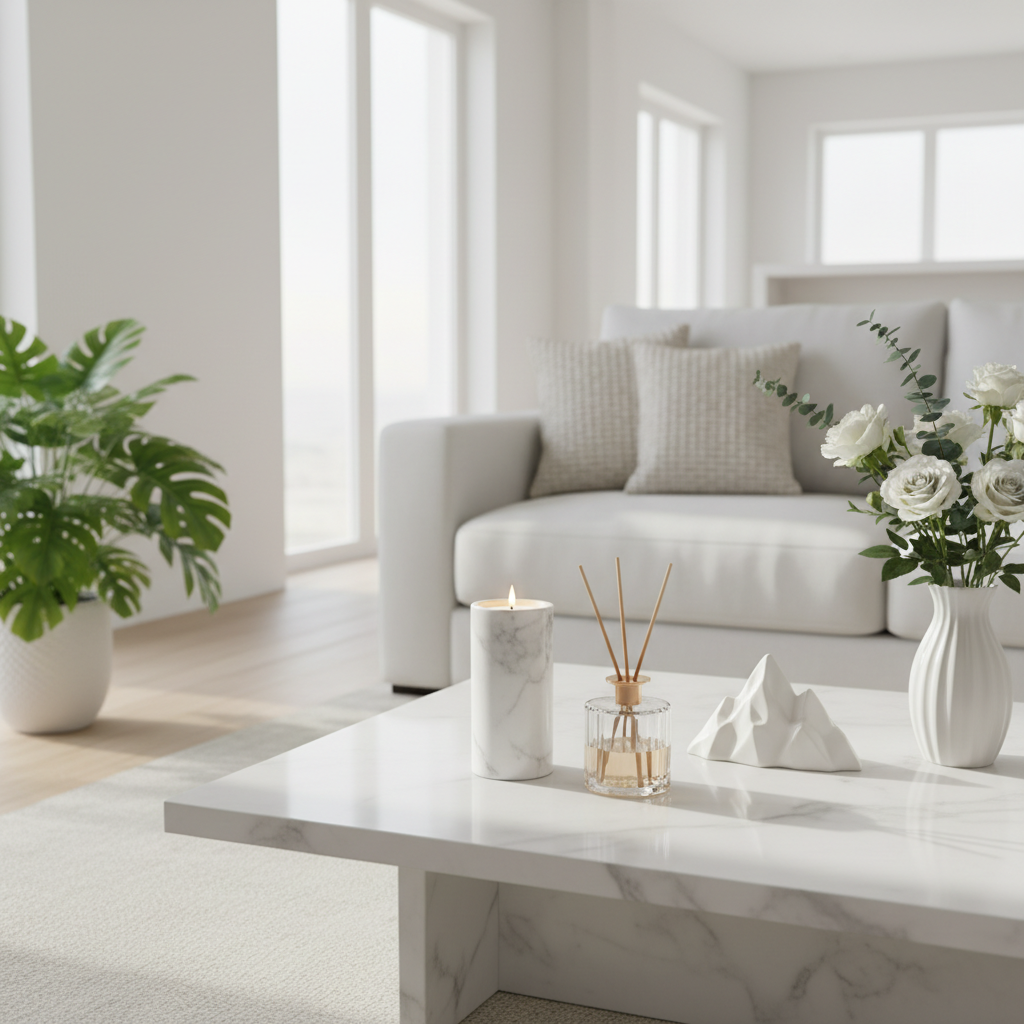 White marble aromatherapy set in Scandinavian living room