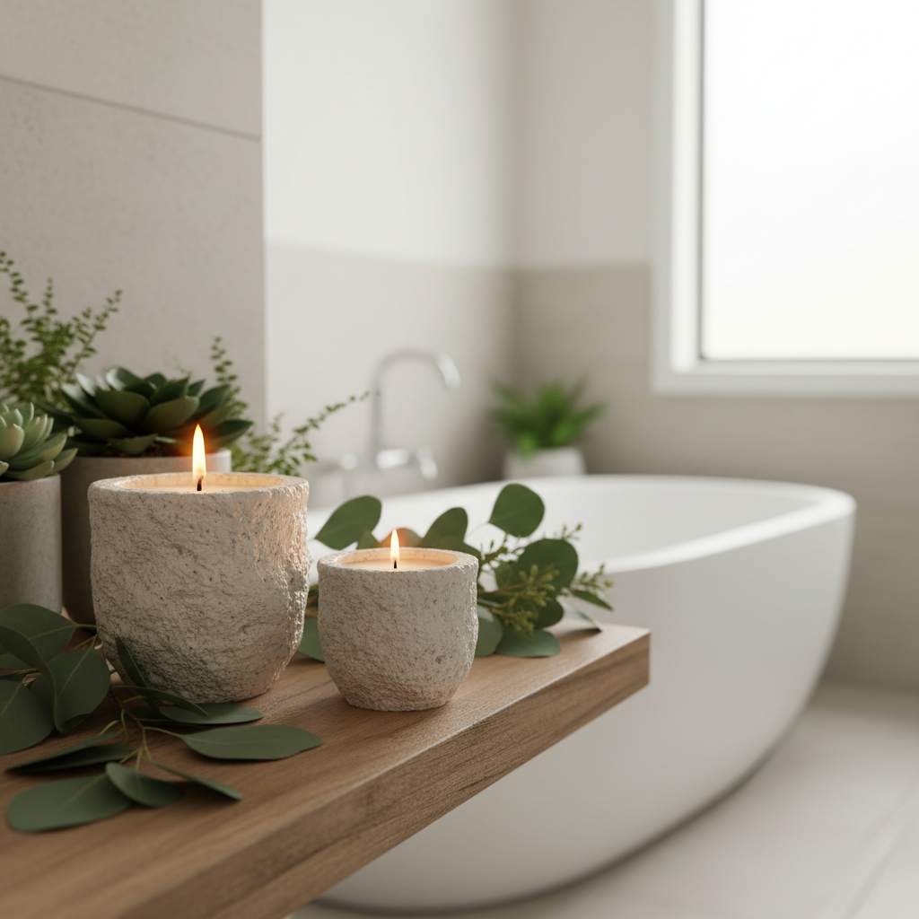Stone candles on bathroom shelf with eucalyptus