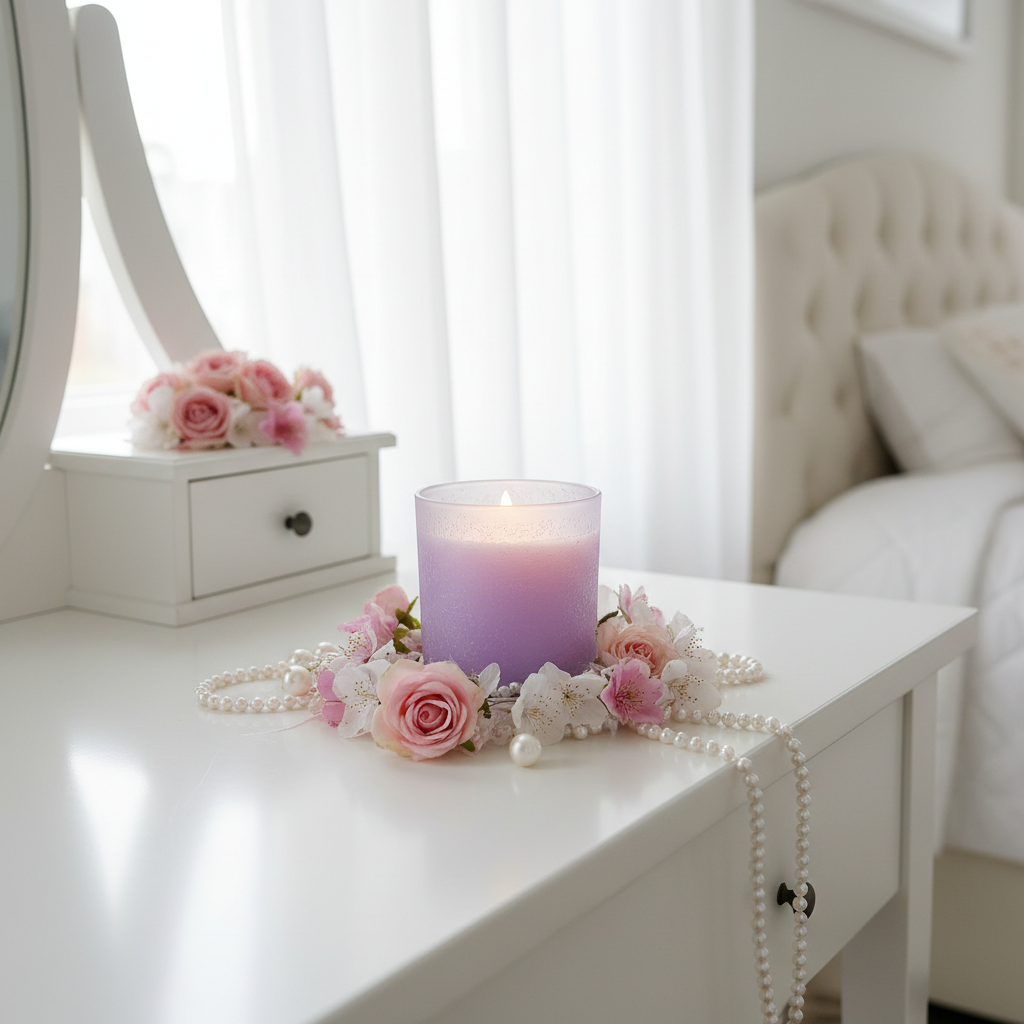 Lilac frosted candle on vanity with pink flowers