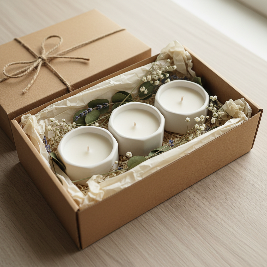 Three octagonal candles in kraft paper gift box