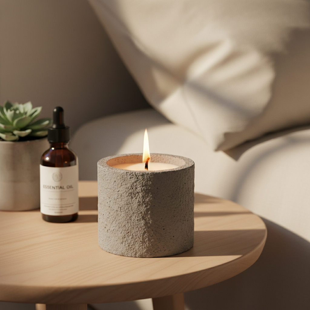Stone candle on bedside table with linen sheets lifestyle