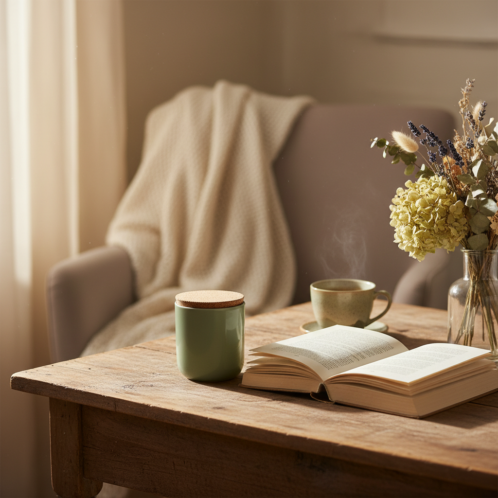 Sage green cork candle in reading nook with book
