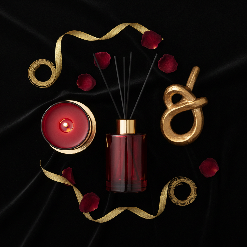 Flat lay of gift set contents on black velvet with gold ribbon