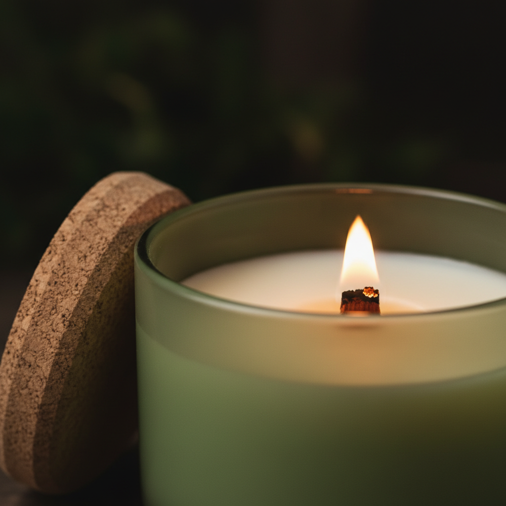 Close up of sage green glass cork lid and flame detail