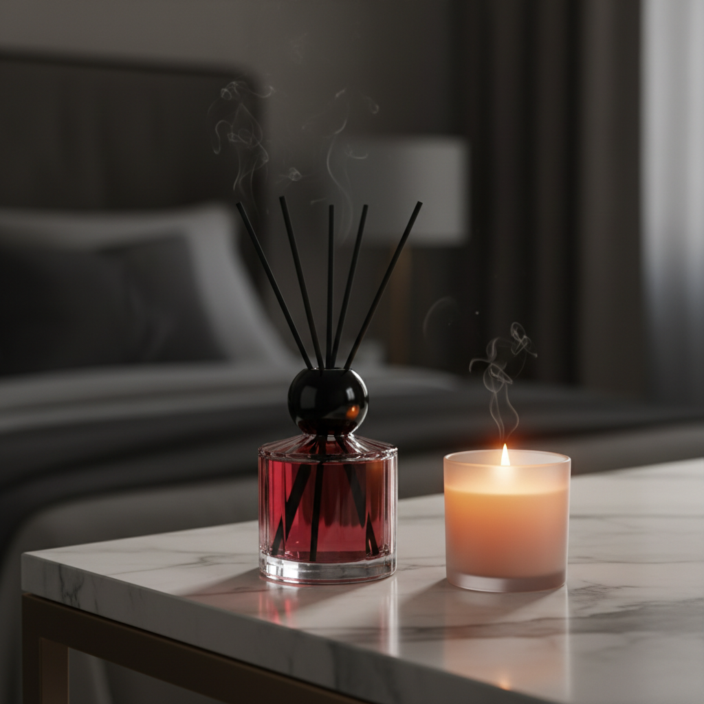 Red reed diffuser bottle on marble vanity lifestyle shot