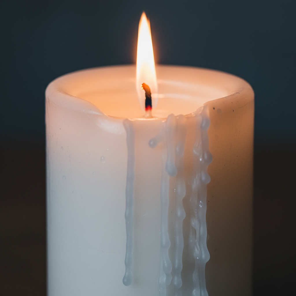 Close up of white pillar candle flame and wax texture