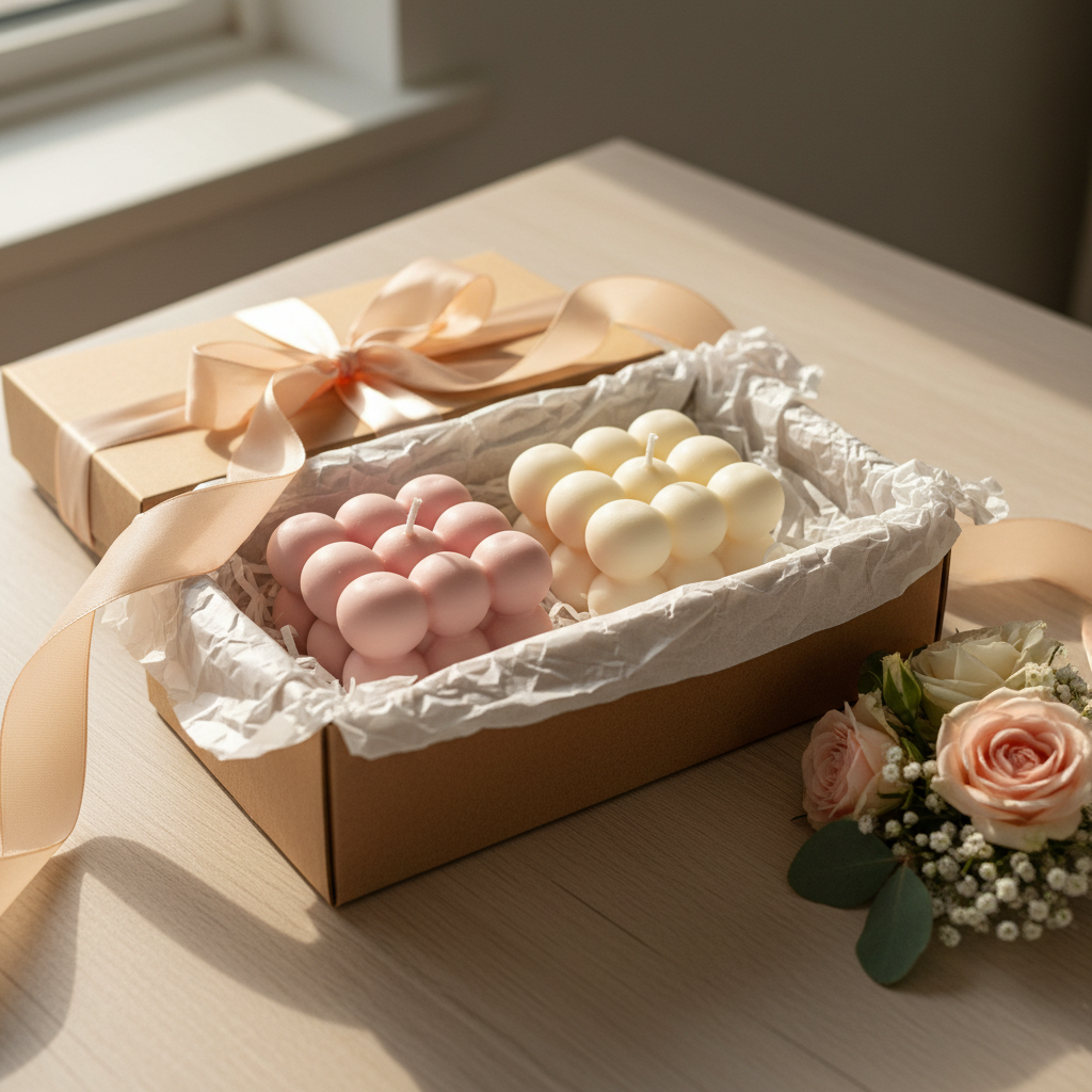 Bubble cube candles in gift box with ribbon and flowers