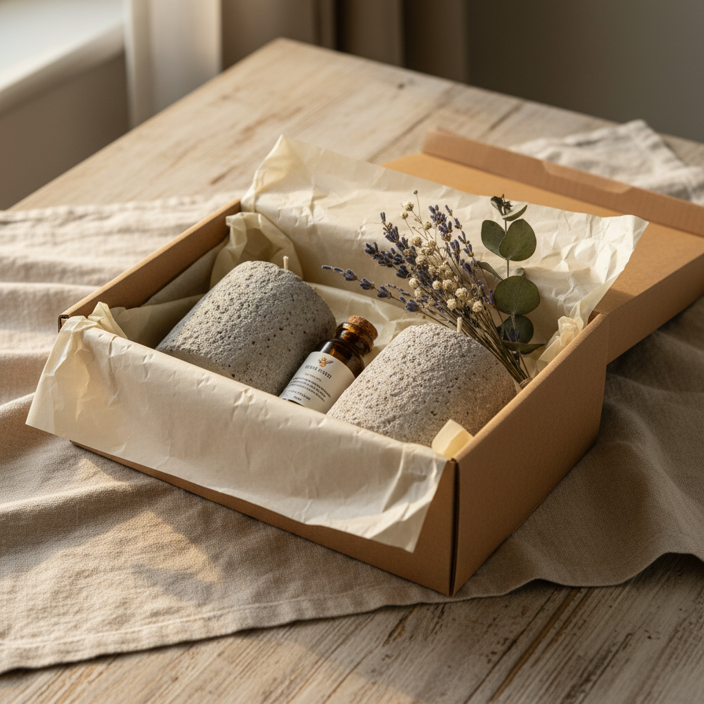 Stone candle gift set in kraft box with dried flowers