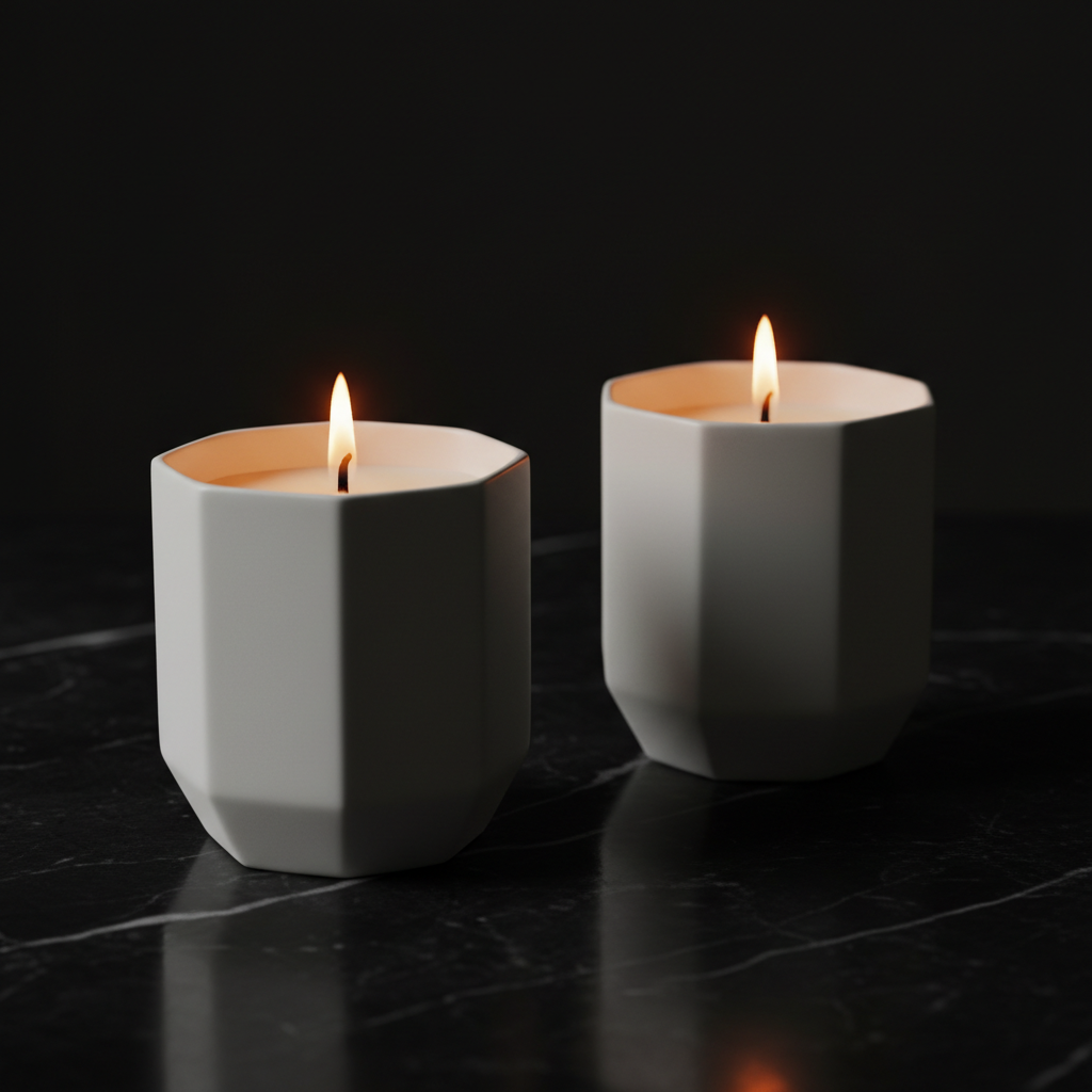 Two white octagonal soy candles on dark marble - hero shot