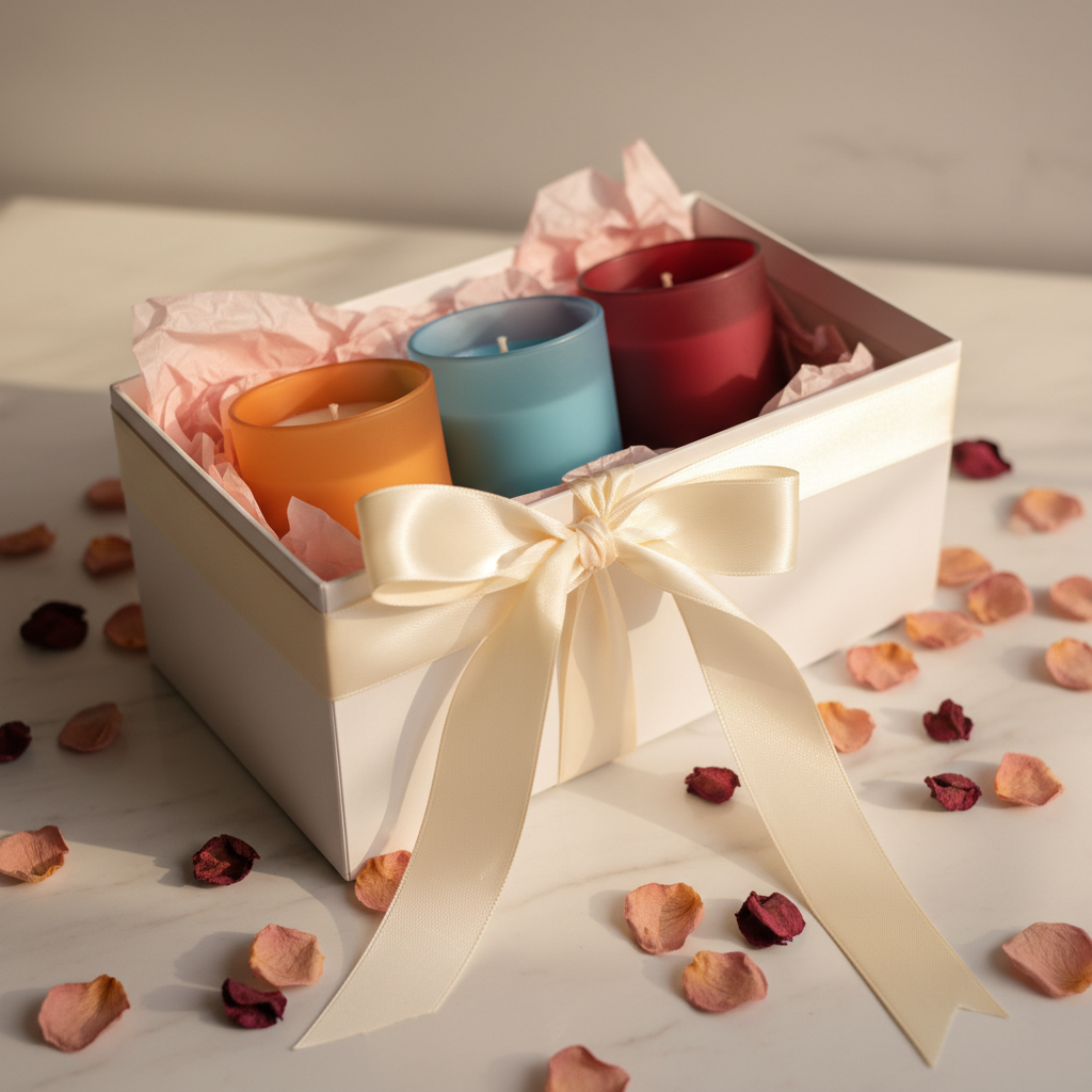 Three frosted candles in pink gift box with ribbon