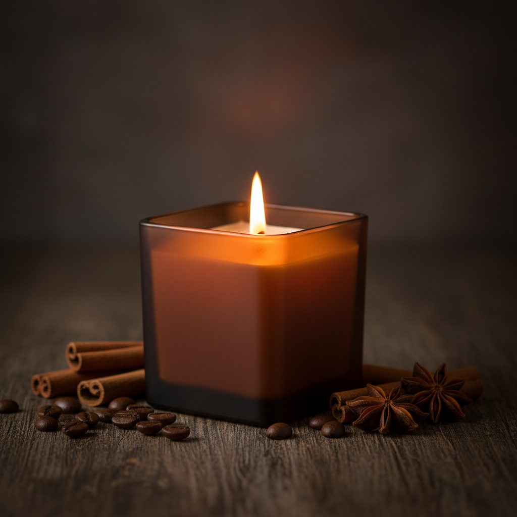 Square dark glass candle with coffee beans and cinnamon