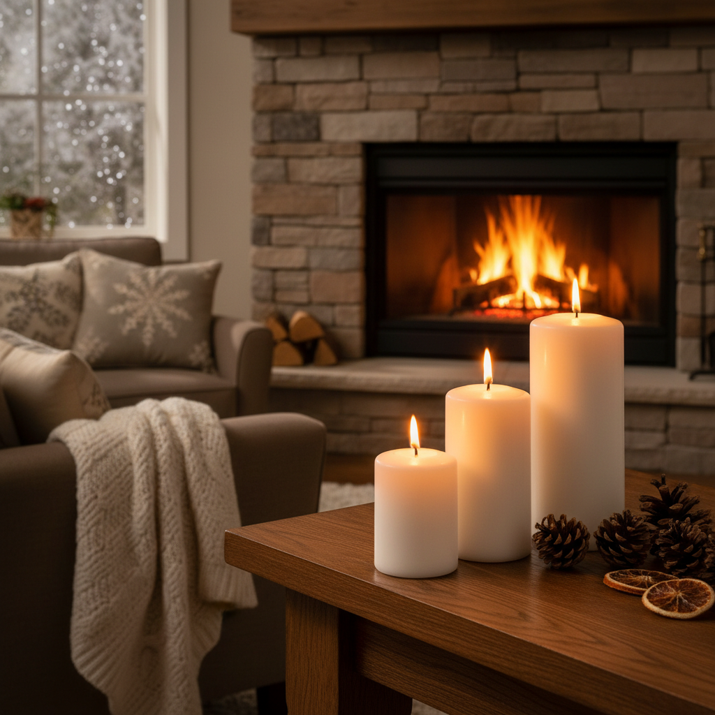 White pillar candles on mantelpiece in cosy living room