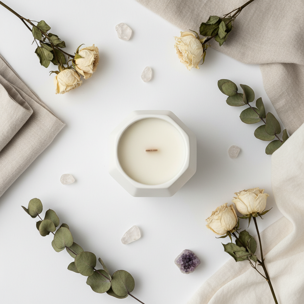 Octagonal candle flat lay with dried botanicals and crystals