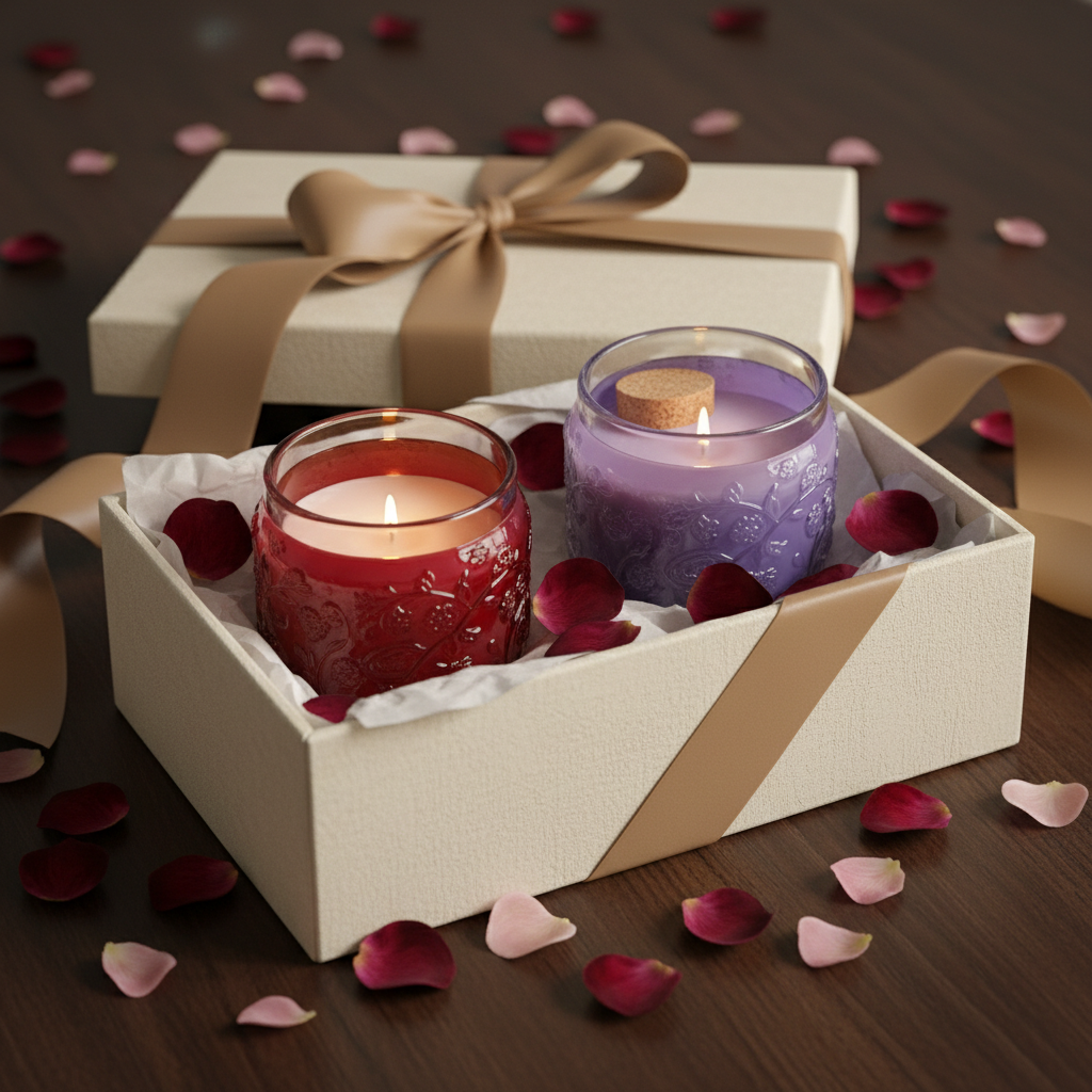 Red and purple embossed glass candles in gift box