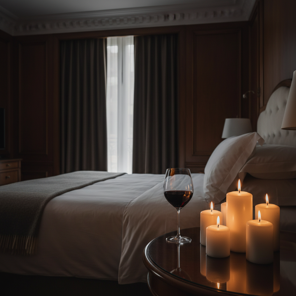 White pillar candles in luxury hotel room with wine