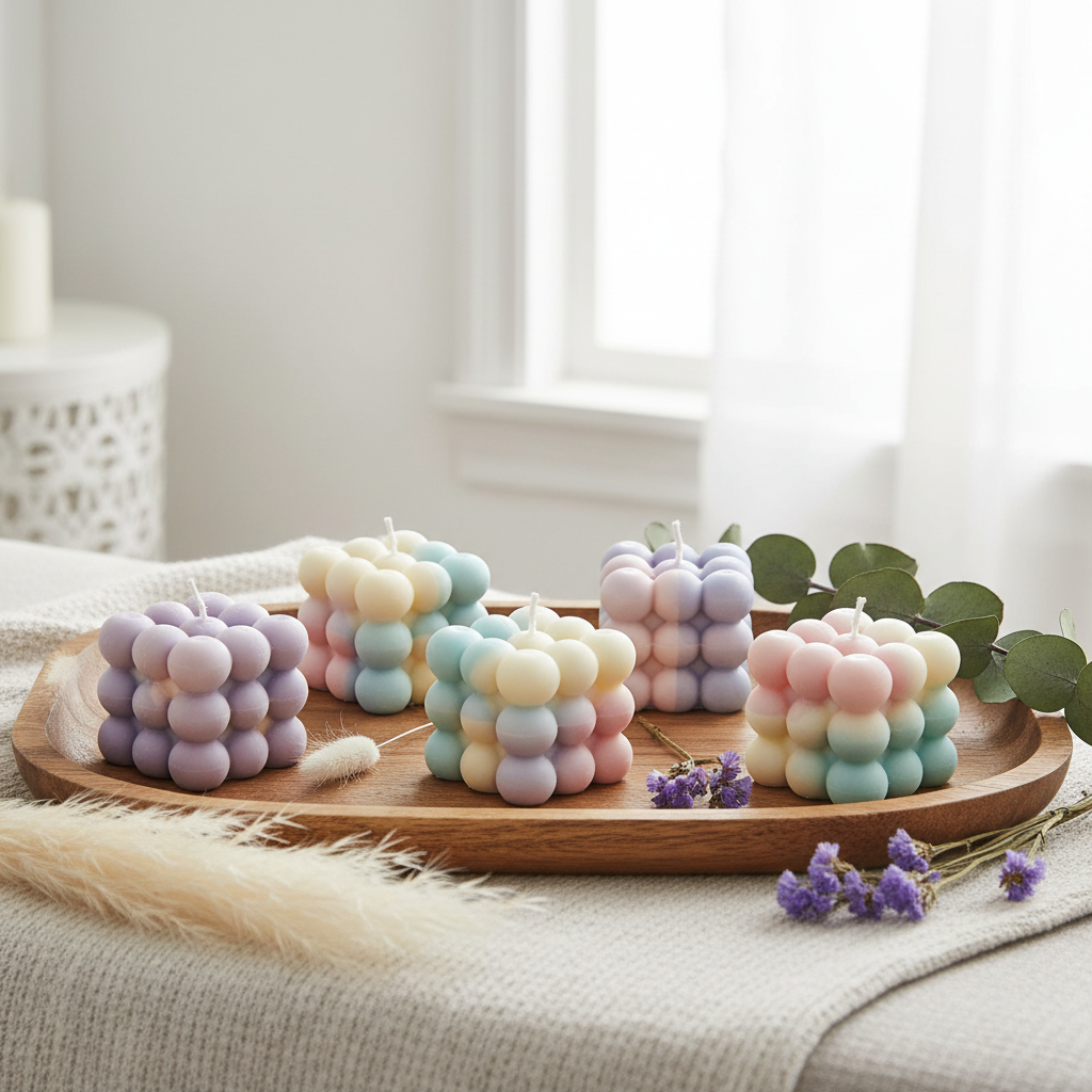 Bubble cube candles in multiple pastel colours on wooden tray with dried flowers