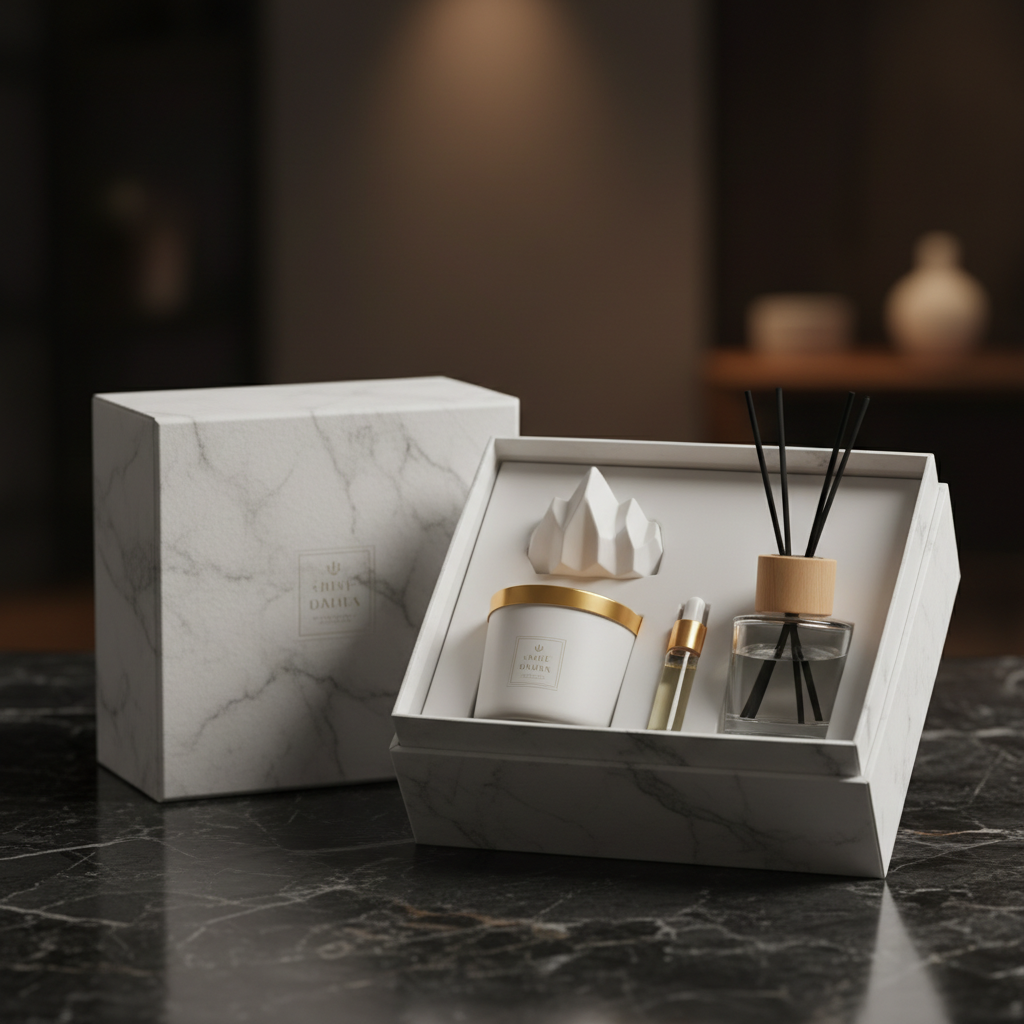 Open white marble luxury aromatherapy gift box hero shot
