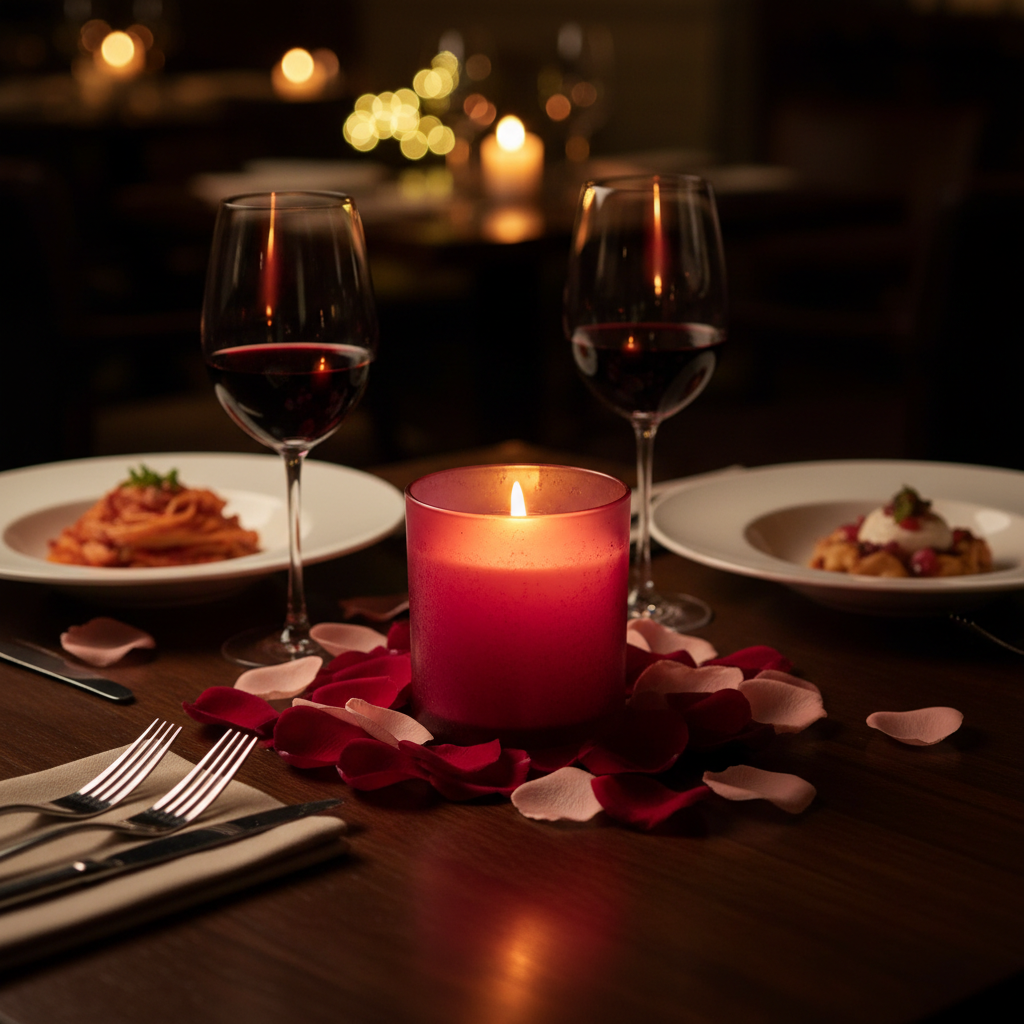 Red frosted candle on romantic dinner table with rose petals