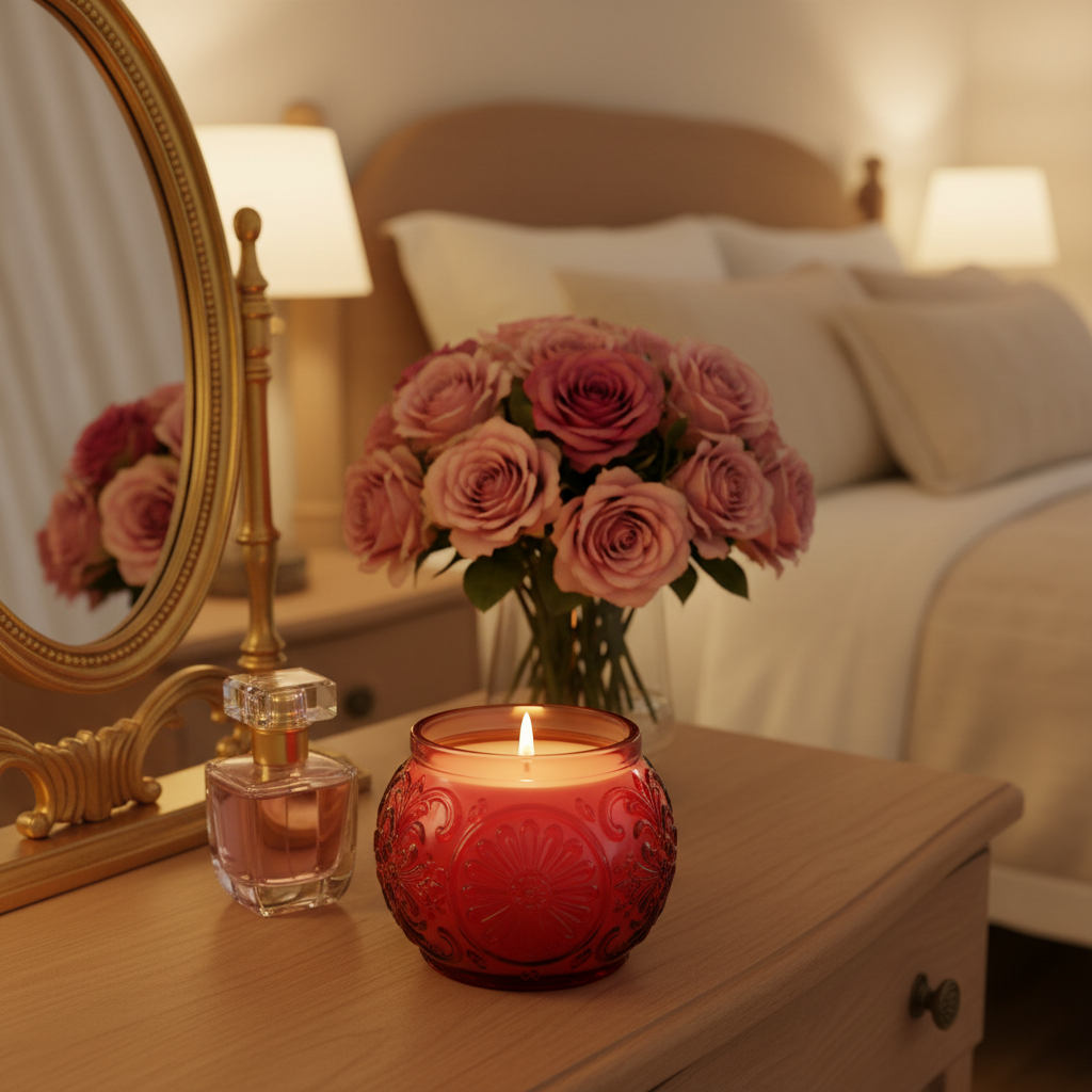Red embossed glass candle on vanity with roses - lifestyle shot
