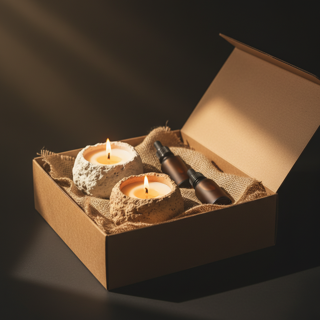 Open kraft gift box with stone texture candle set hero shot