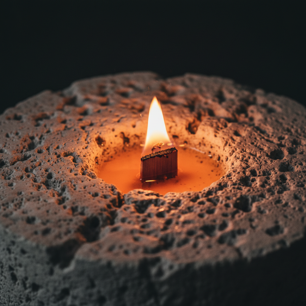 Close up of stone texture and wood wick flame detail