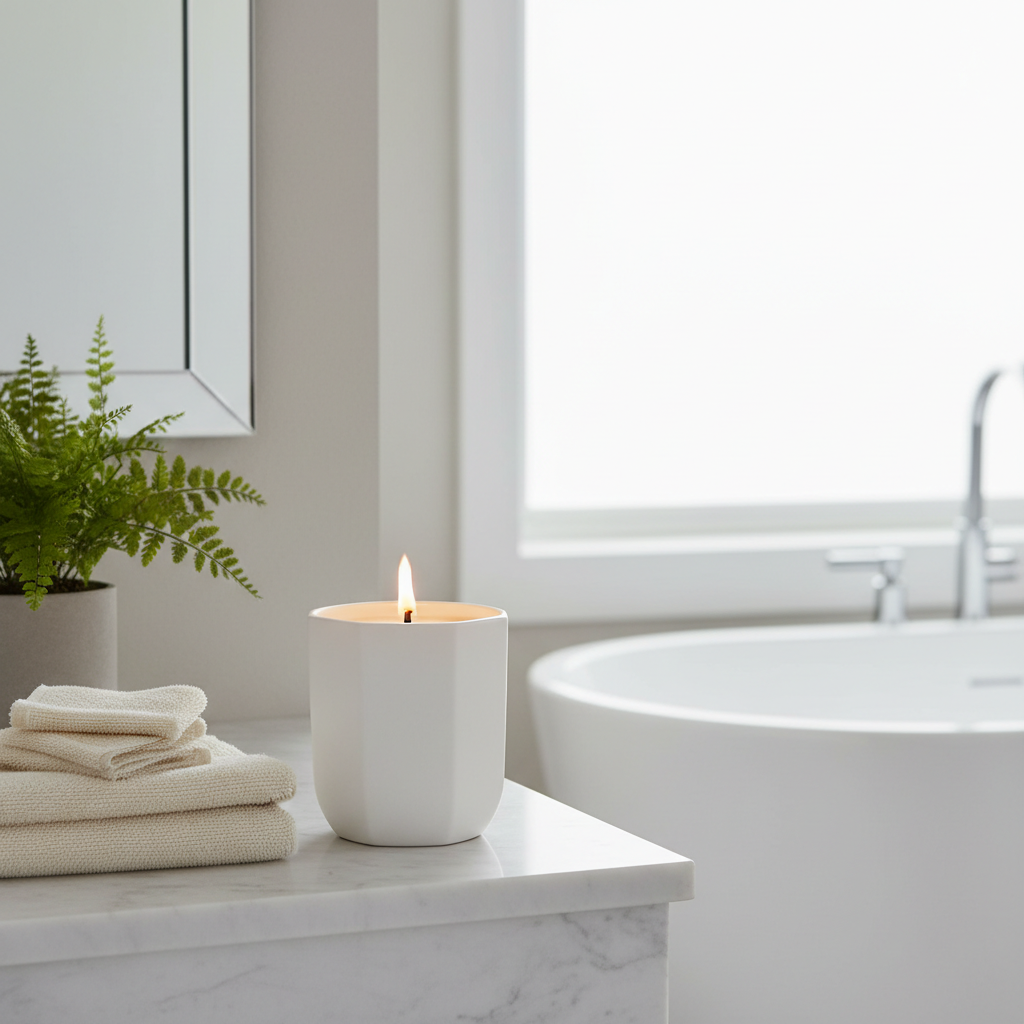 White octagonal candle on bathroom shelf lifestyle shot