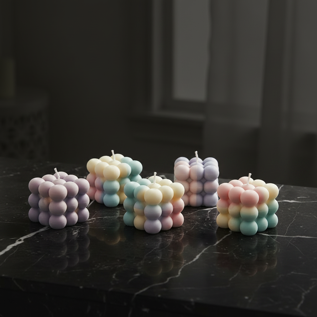 Pastel bubble cube soy wax candles on dark marble - hero shot