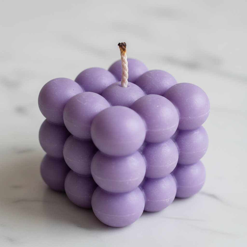 Close up texture detail of lavender bubble cube soy wax candle