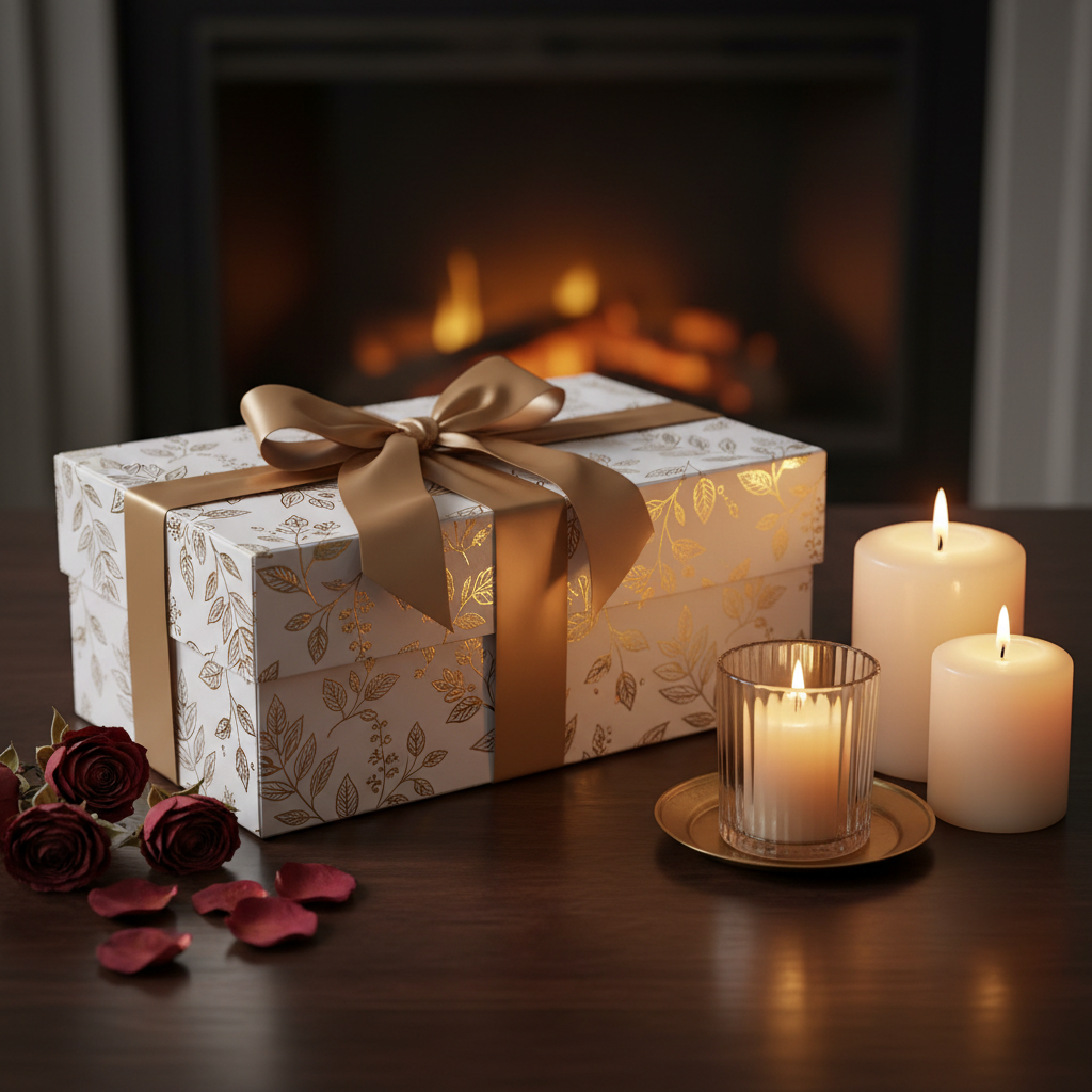 Closed luxury gift box with ribbon and dried roses