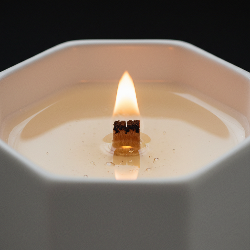 Close up of wood wick and flame on octagonal candle