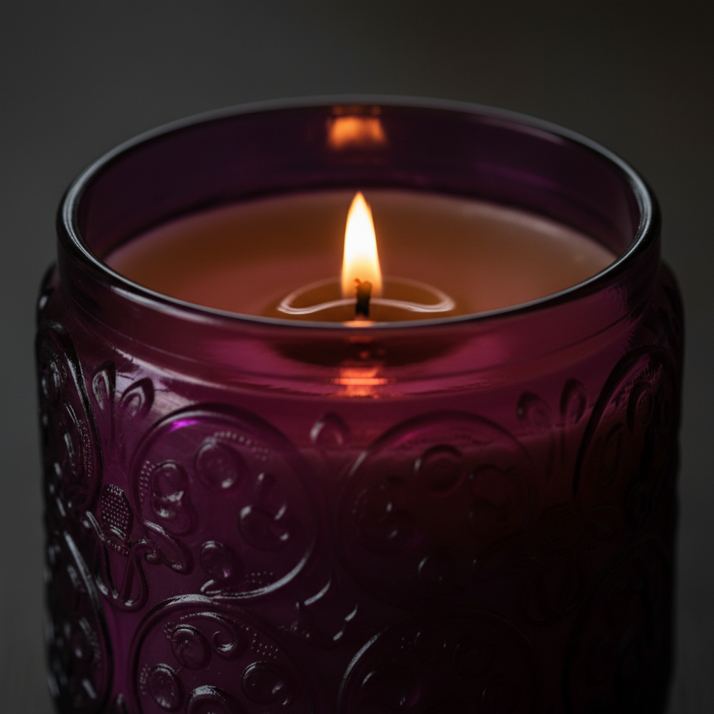 Close up of purple embossed glass candle texture and flame