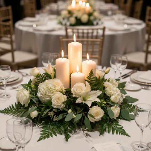 White pillar candles as wedding table centrepiece with flowers