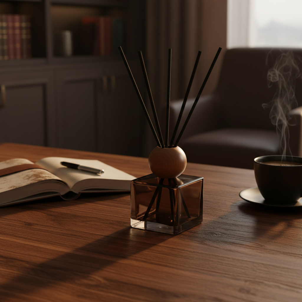 Square dark glass reed diffuser on dark oak desk lifestyle