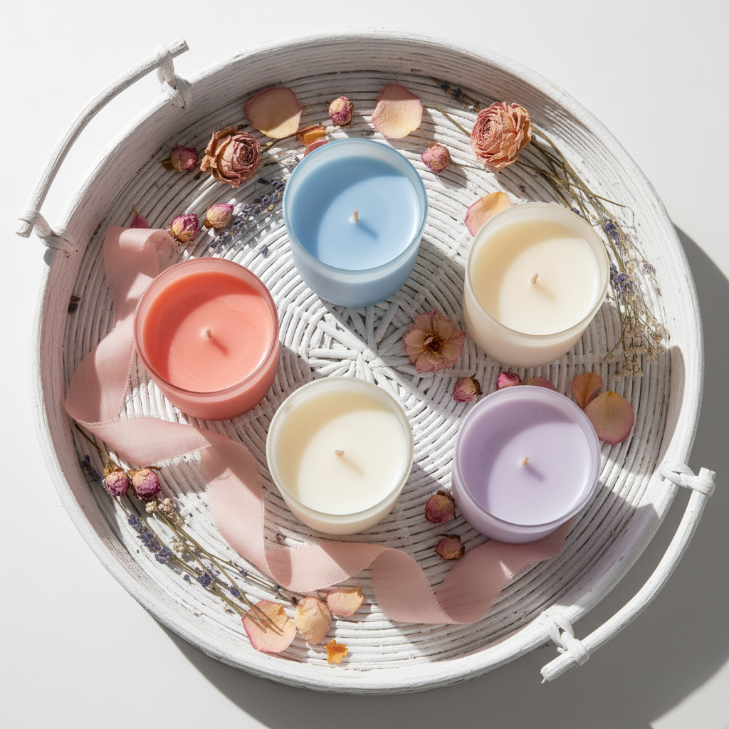 Flat lay of frosted candles on rattan tray with rose petals