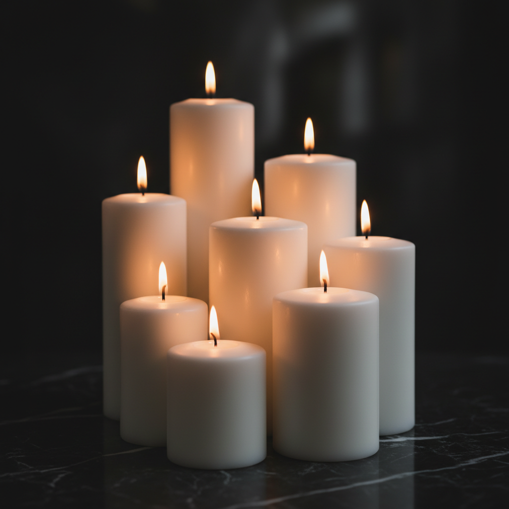Multiple white pillar candles of different heights on dark marble hero shot