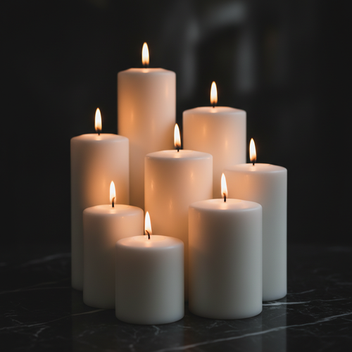 Multiple white pillar candles of different heights on dark marble hero shot