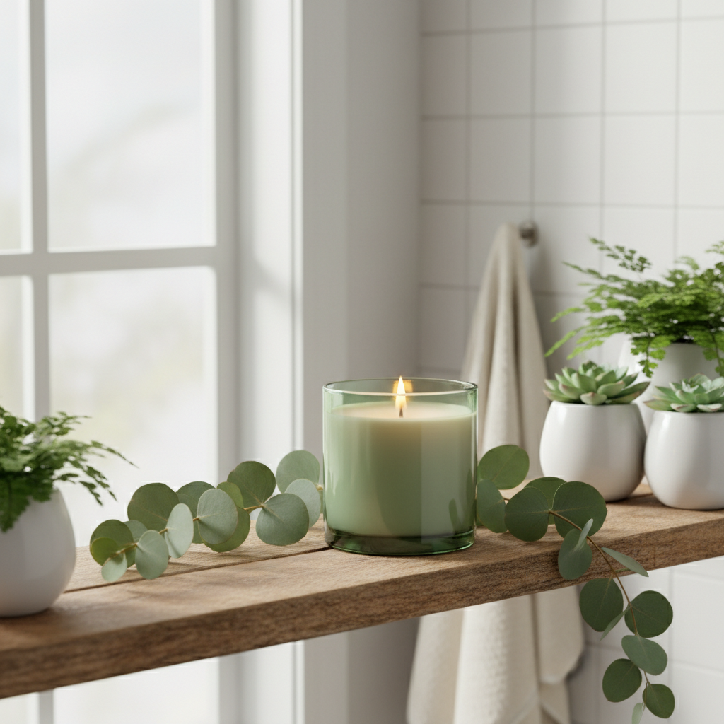 Sage green candle on bathroom shelf with eucalyptus