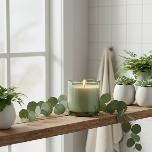 Sage green candle on bathroom shelf with eucalyptus