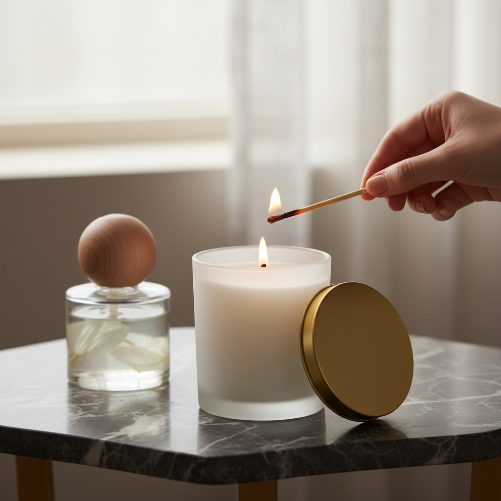 Lighting white candle by window with diffuser and flowers