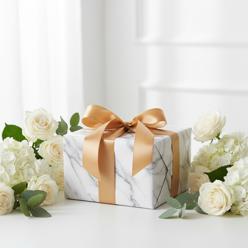 Marble gift box wrapped with gold ribbon and white flowers