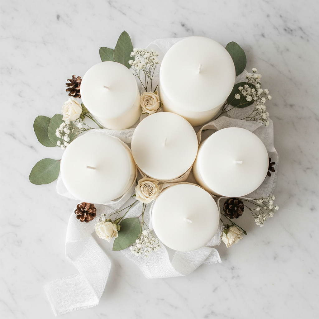 Flat lay of white pillar candles with botanicals on white marble