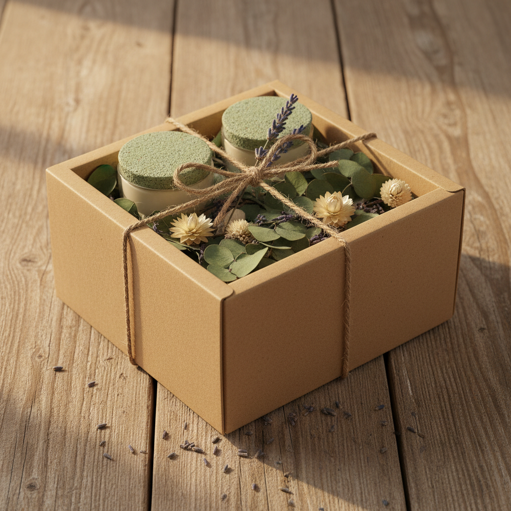 Two cork lid candles in kraft gift box with botanicals