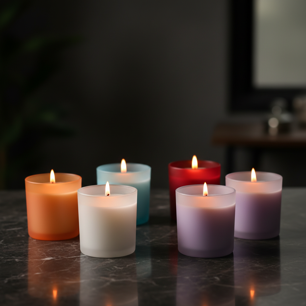 Collection of frosted glass soy candles in 5 colours hero shot